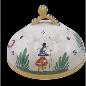 VTG Hand Painted Quimper Bretonne Man Ceramic Cheese Dome Lid 5 Holes France Sig